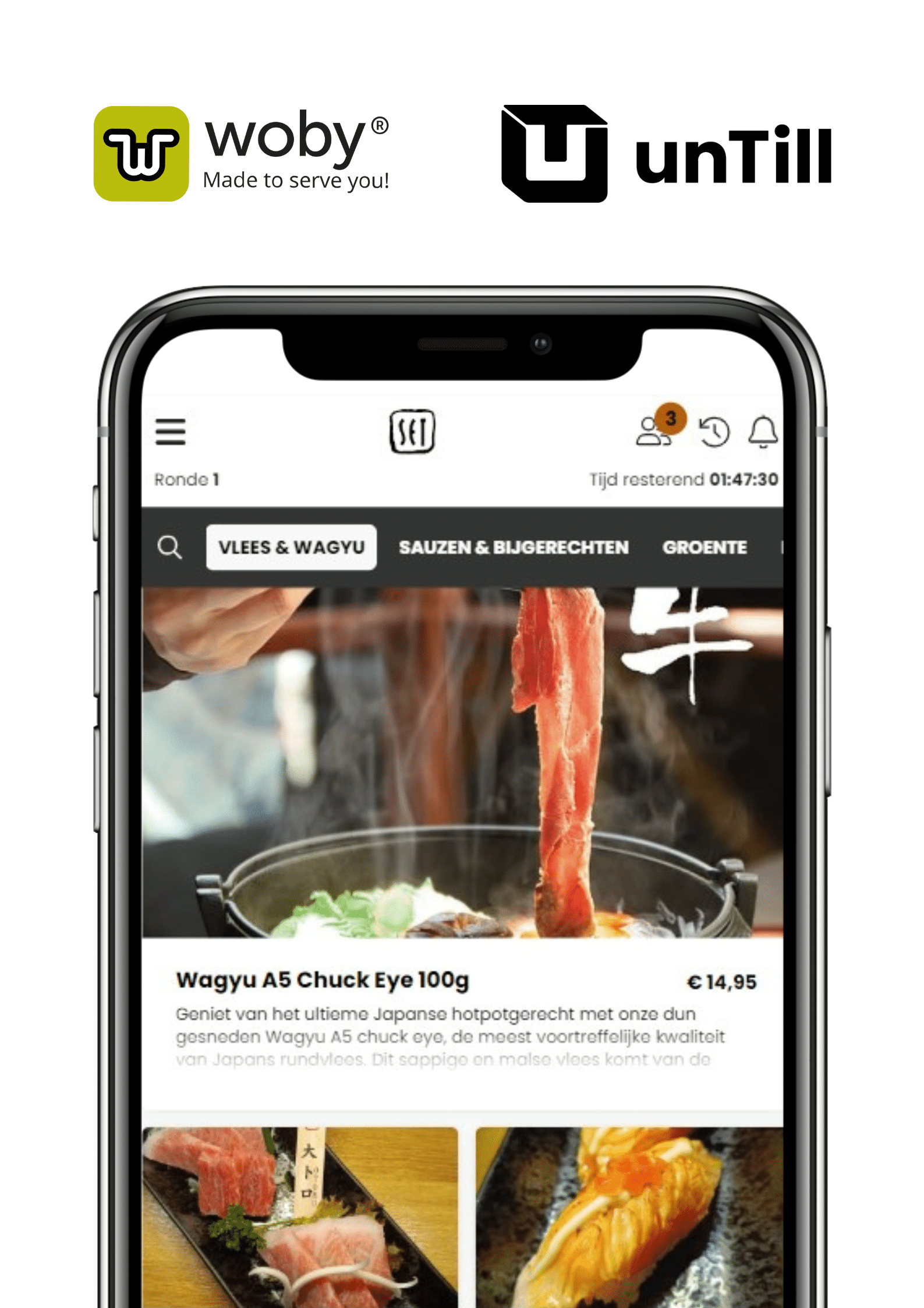 Iphone frame met woby app en logo van untill en woby