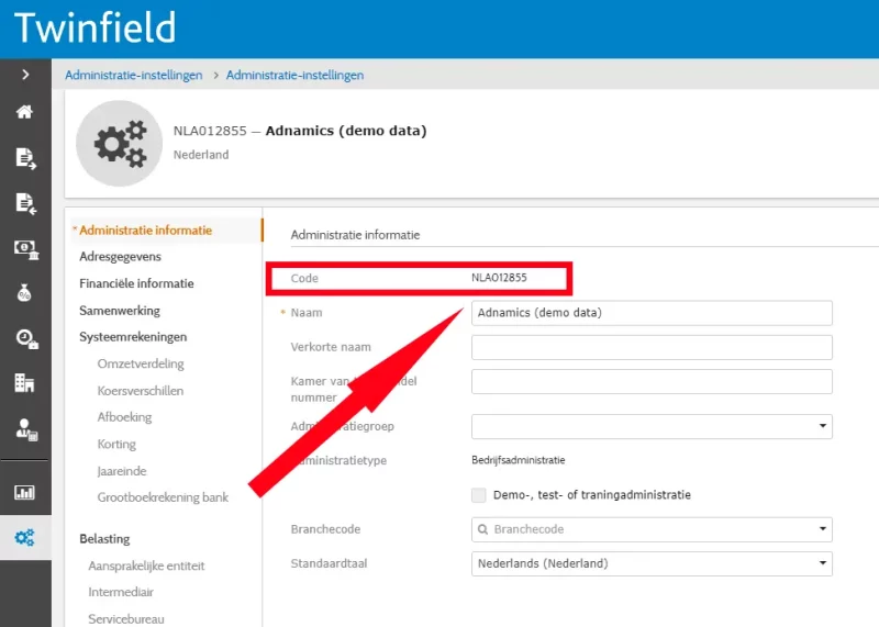 unTill koppelingen voorbeeld Twinfield administratiecode