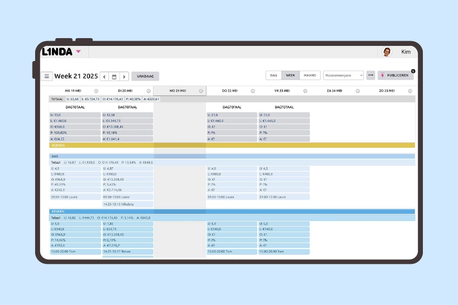 Planningsdashboard van L1NDA voor horeca medewerkers