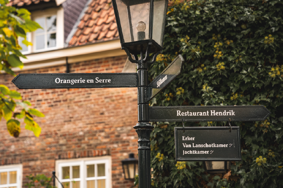 Lamppost met bordjes naar locaties